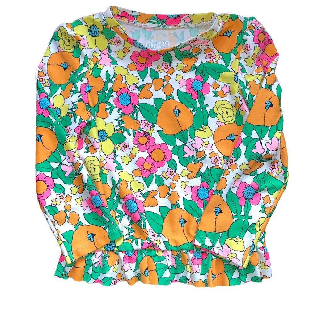 Circo Rash guard Bright Flowers Orange Pink 4T 70s inspired Ruffle